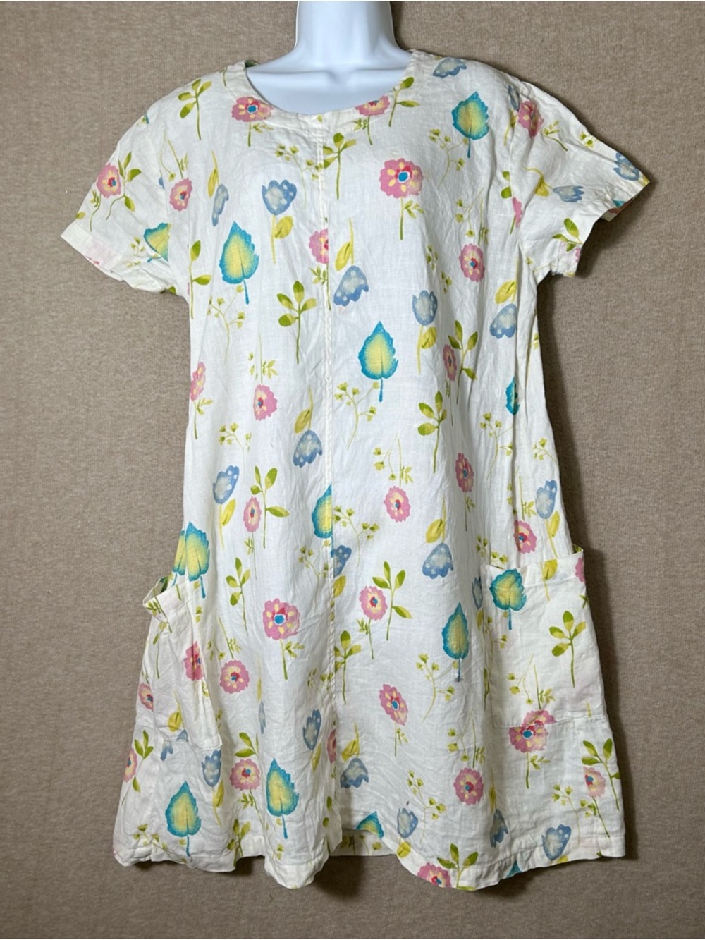 Marc Ware Linen Dress Womens Large Floral Cottage Shift Pullover Beach Resort